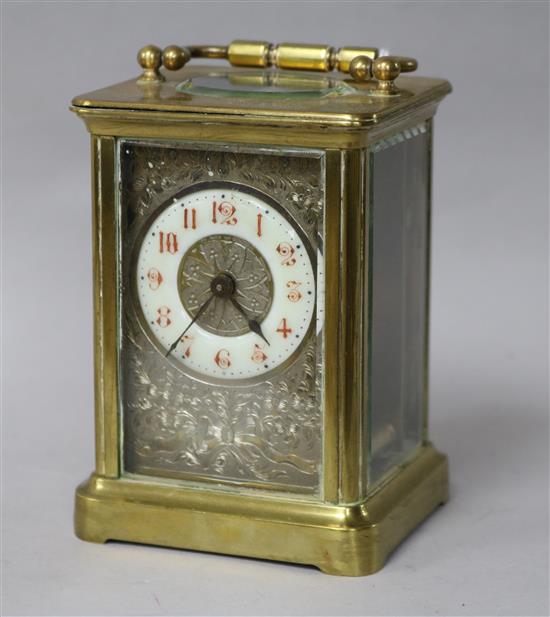 A French brass carriage timepiece, H 12cm